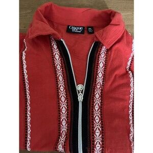 Onque‎ Casual Full Zip Embroidery Shirt 3/4 Sleeve Pockets Red PL Petite Retro